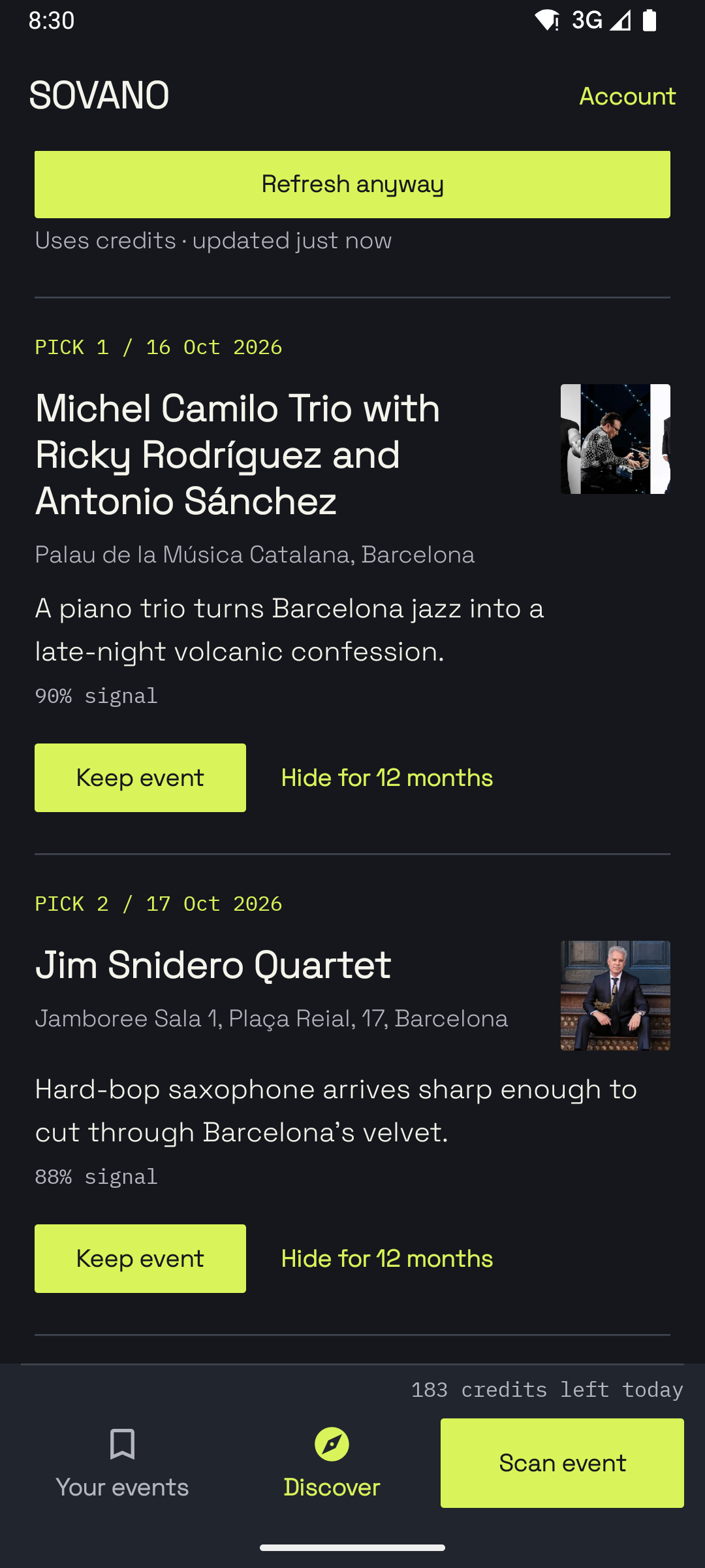Sovano Discover screen with this weekend's picks for your taste
